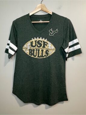 Knights Apparel Dark Green USF Bulls V-Neck Tee with White Sleeve Stripes